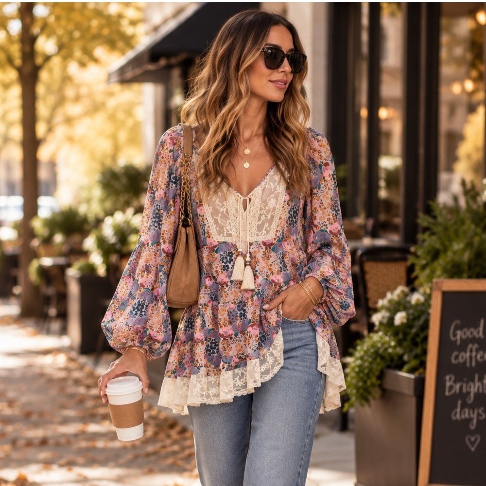 Matilda Jane Purple Pink Blue Floral Lace Tassel Boho Tunic Top Long Sleeve XL
